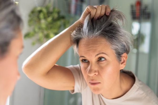 A woman with short gray hair closely examines her roots in the mirror, lifting her hair to get a better view of hair color and scalp. Her expression appears focused and slightly concerned, likely checking for changes or new gray strands.