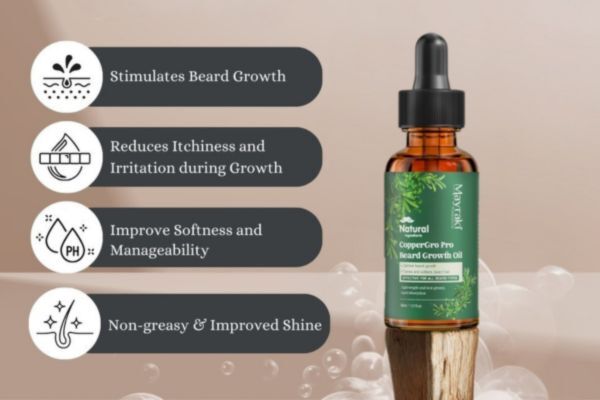 A promotional image for Mayraki CopperGro Pro Beard Growth Oil features the bottle alongside listed benefits: stimulates beard growth, reduces itchiness and irritation, improves softness and manageability, and adds non-greasy shine.