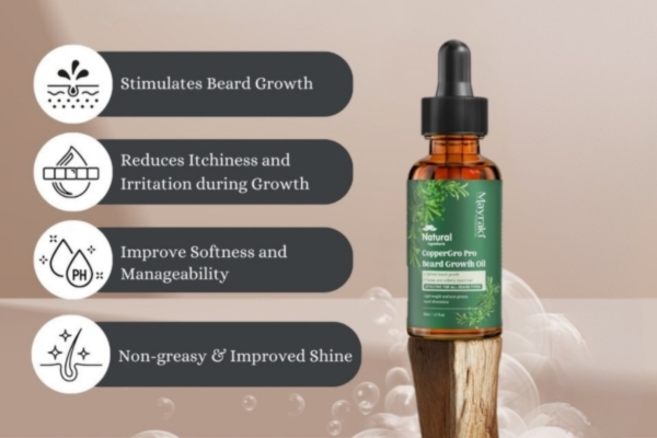 Mayraki CopperGro Pro Beard Growth Oil Amber dropper bottle of Mayraki CopperGro Pro Beard Growth Oil standing upright on a wood pedestal with benefits listed beside it. Text highlights include stimulating beard growth, reducing itchiness, improving softness, and adding non-greasy shine.