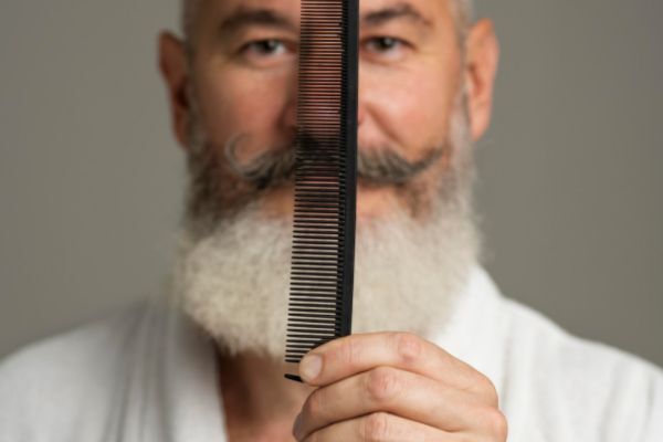 An older man with a full white beard and styled mustache holding a black comb vertically in front of his face, partially obscuring it while smiling softly.