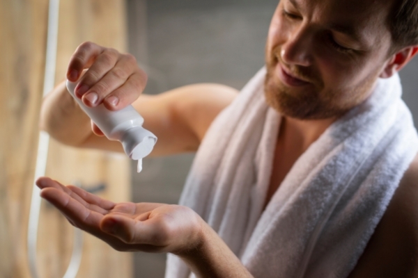 A man with a towel around his shoulders smiling as he squeezes lotion or cream from a white bottle into his hand in a bathroom setting.