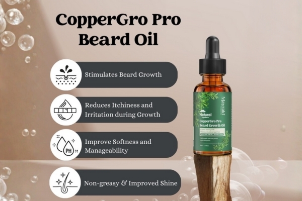 Hair Mayraki Beard Growth Oil Shine A promotional graphic for CopperGro Pro Beard Oil features a dropper bottle of the product on a wooden stand, surrounded by benefits like stimulating beard growth, reducing itchiness, improving softness, and offering a non-greasy shine. The background includes soft bubbles and warm tones, emphasizing a clean, effective grooming product.