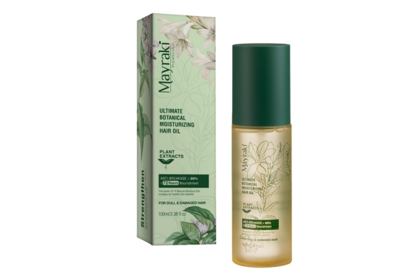 Hair Mayraki Hair Care Sleep Routine A bottle of Mayraki Ultimate Botanical Moisturizing Hair Oil stands beside its matching floral-printed packaging. The sleek design highlights plant extracts and anti-breakage claims, promoting hydration and shine for dull, damaged hair.