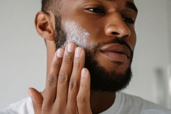 Harsh Weather Beard Care A man gently applies cream to his beard area with his fingertips, focusing on moisturizing his skin and facial hair. The image represents a step in a cold weather beard care routine, supporting Hair Mayraki’s approach to seasonal grooming and hydration.