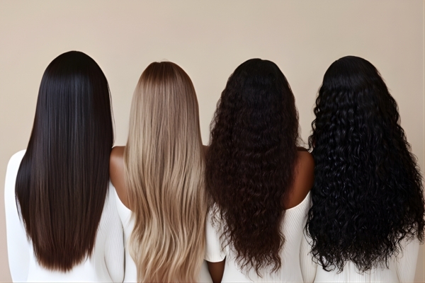 Ingredients & Actives to Match Hair Type Four women are shown from the back, each showcasing a different hair type, straight, wavy, coily, and curly, wearing white tops against a neutral background. The image reflects Hair Mayraki’s inclusive approach to hair care for all textures and styles.