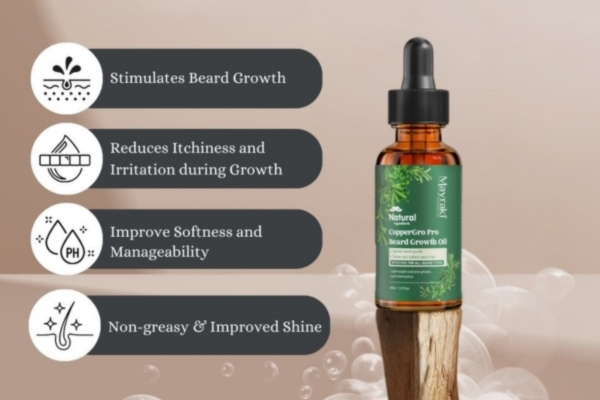 Product image of Natural CopperGro Pro Beard Growth Oil beside icons and text highlighting its benefits: stimulates beard growth, reduces itchiness and irritation, improves softness and manageability, and offers a non-greasy shine. The scene uses bubbles and wood texture to reinforce the natural and clean aesthetic.
