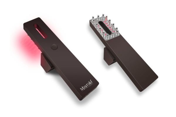 Two Mayraki-branded handheld devices for low-level laser therapy are shown—one emitting red light and the other displaying a comb-like array of laser tips. These tools are designed to stimulate hair follicles and promote hair growth through light therapy technology.