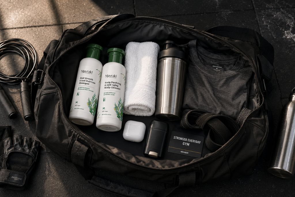 Gym bag packed with the Mayraki Hair Growth & Anti-Hair Loss Shampoo Kit, towel, and workout essentials for post-workout scalp care.