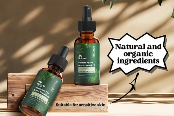 Two bottles of Mayraki Natural CopperGro Pro Beard Growth Oil are displayed on a wooden block with text bubbles highlighting “Natural and organic ingredients” and “Suitable for sensitive skin.”