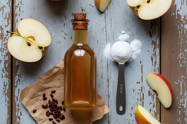 Natural Remedies for Beard Odor A rustic flat lay featuring a bottle of apple cider vinegar, apple slices, apple seeds on brown paper, and a metal measuring spoon filled with white powder labeled “PINCH.” The background is a distressed wooden surface in muted tones.