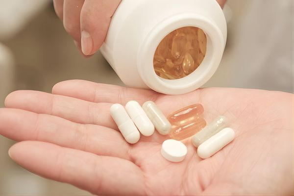 A close-up of a hand holding a variety of supplements, including white tablets and translucent gel capsules, being poured from a white bottle. This image conveys a wellness and nutritional element that could complement Hair Mayraki’s holistic hair care philosophy.
