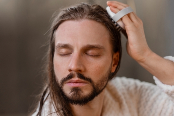 A man with a full beard and long hair gently massages his scalp using a round handheld scalp brush while wearing a white robe, eyes closed in a relaxed grooming moment.