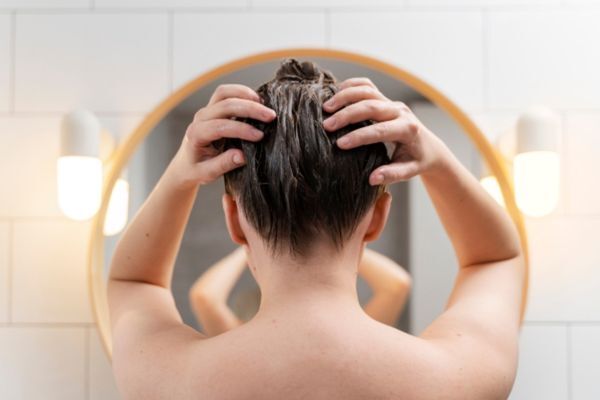A woman stands in front of a mirror with her back to the camera, massaging a hair treatment or scrub into her scalp. The image captures a self-care moment aligned with Hair Mayraki’s focus on restoring scalp balance and promoting healthy hair from the roots.