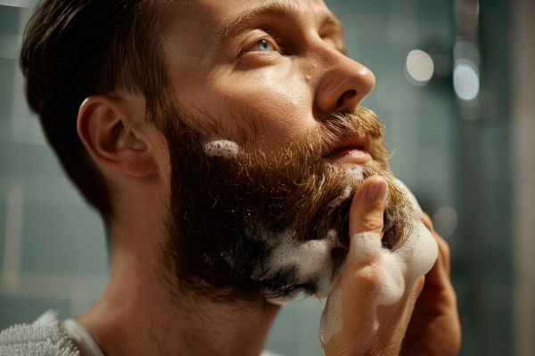 Bearded man with soap suds in his beard, gently massaging and cleansing his facial hair in a bathroom setting.