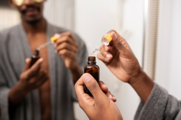 Close-up of a man in a gray robe holding a brown dropper bottle of beard oil in front of a mirror, with focus on his hands applying the product.