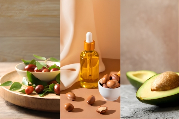 Top Natural Oils for Beard Shine A split-panel image displays three natural beard oil ingredients: a bowl of jojoba seeds with leaves on a wooden tray, a bottle of argan oil with argan nuts, and a halved avocado on a textured surface. The layout highlights the nourishing plant oils often used in beard and hair care formulations.