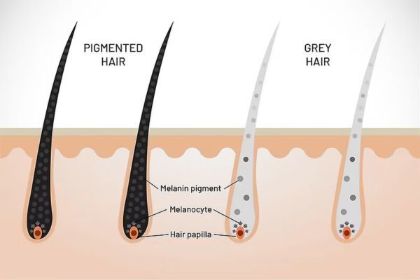 Illustration showing the difference between pigmented hair and grey hair at the follicle level. The image labels melanin pigment, melanocyte, and hair papilla in a pigmented hair strand, indicating that melanin loss in follicles results in grey hair.
