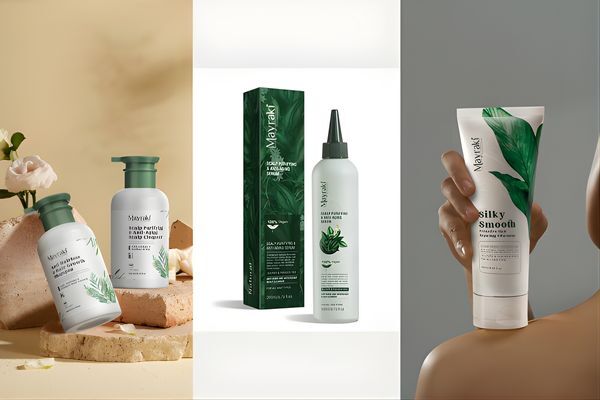A collage-style layout showcases three Hair Mayraki products: the Hair Nutritive and Color Retention Treatment, the Scalp Purifying Anti-Dandruff Treatment, and the Silky Smooth Hair Repair Treatment held in a model’s hand. The clean, minimal backgrounds highlight the brand’s sleek packaging and targeted, plant-based hair solutions.