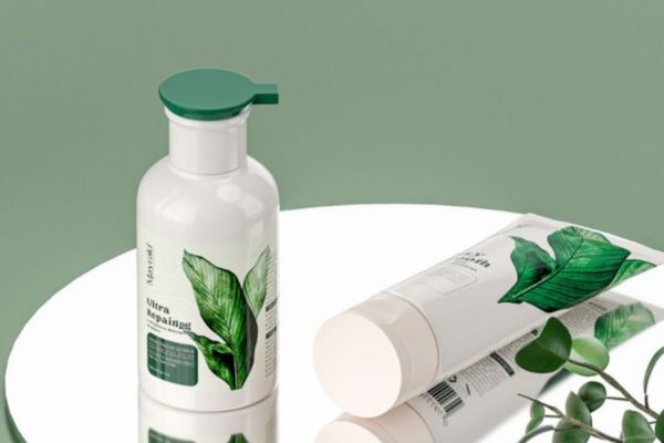 Two sleek, botanical-themed hair care products with green leaf designs are placed on a reflective surface against a green backdrop. These likely represent sulfate-free or nourishing formulas ideal for anyone learning how to protect colored hair from damage.