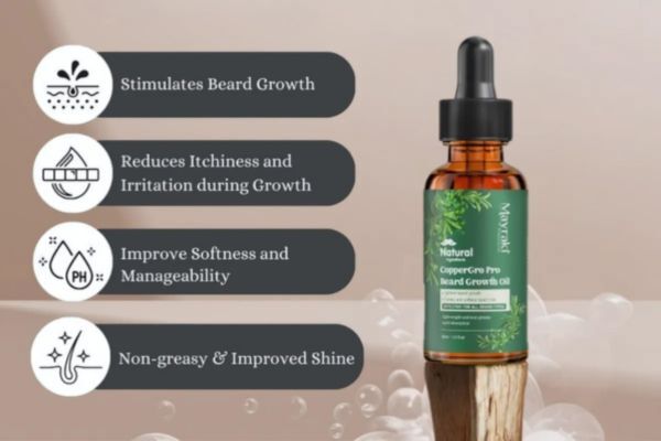 A beard growth oil bottle labeled “Naturali CopperGro Pro Beard Growth Oil” is displayed with icons and text promoting benefits like stimulating beard growth, reducing itchiness, improving softness, and adding shine.
