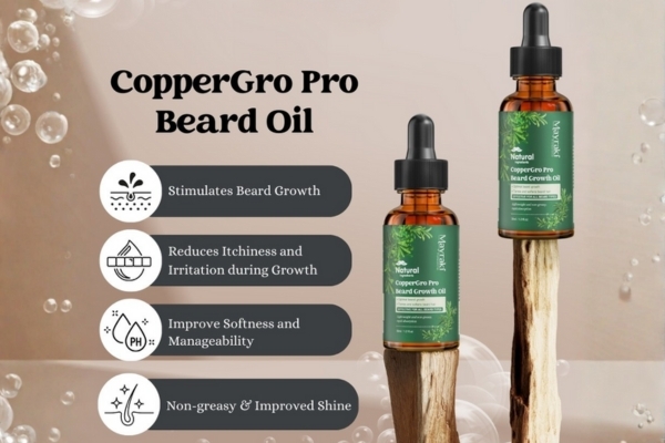 Product image of Mayraki CopperGro Pro Beard Growth Oil, featuring two dropper bottles standing upright with callouts highlighting benefits like stimulating growth, reducing itchiness, improving softness, and adding non-greasy shine.